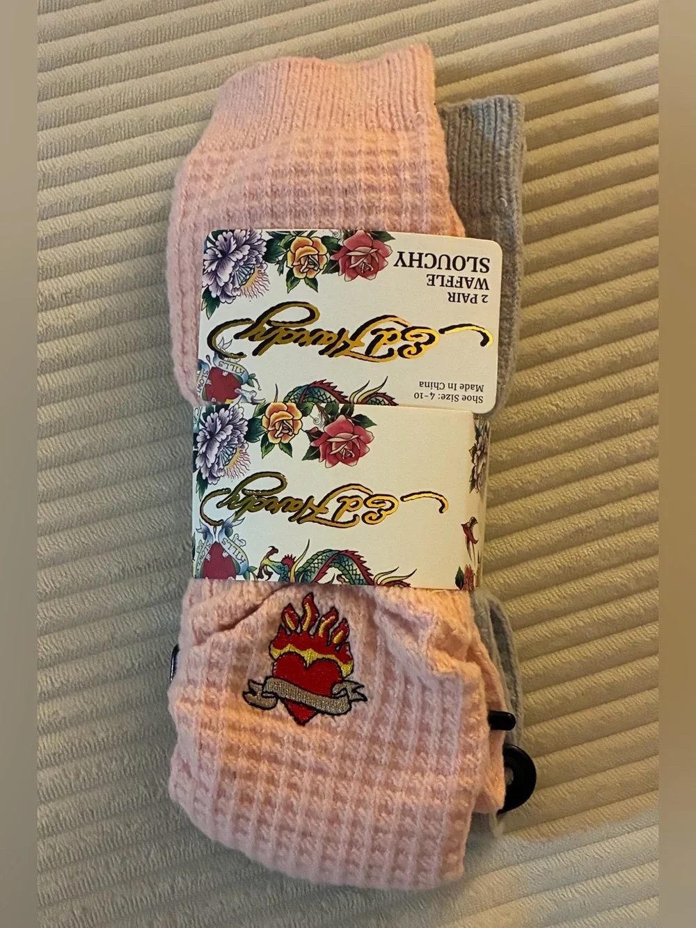Ed Hardy Pink & Gray Waffle Slouchy Socks - 2 Pair